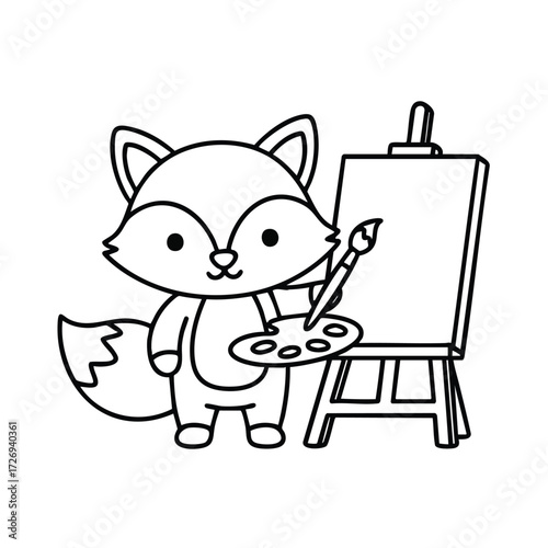 A charming cartoon fox character holding a paint palette stands beside an empty easel ready to create art.