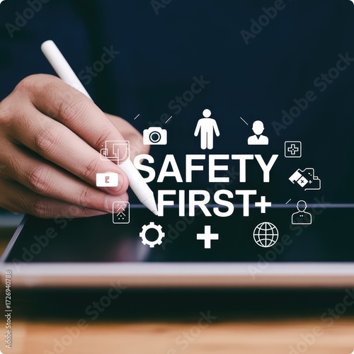 Safety first digital strategy with hand drawing on tablet for business risk management and accident prevention