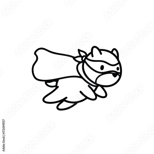 A playful cartoon dog wearing a cape and mask, soaring through the air with a sense of adventure and fun.