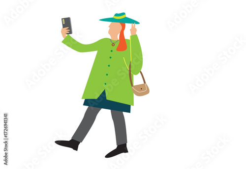 Woman using cellphone for selfie shot. Editable Clip Art.