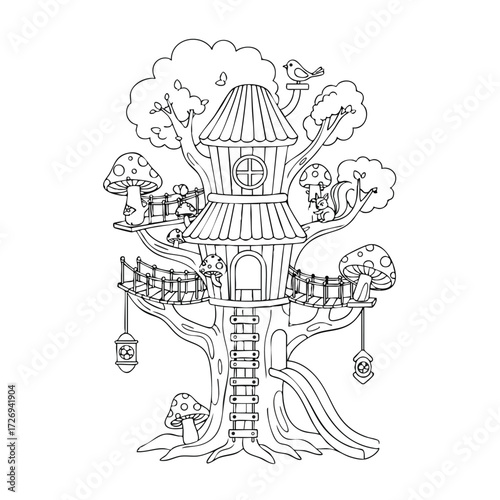 A whimsical treehouse nestled among vibrant mushrooms and playful birds, inviting imagination and adventure.