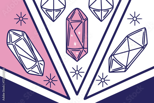 Pink crystal gemstone illustration with stars and triangle background for mystical spiritual designs silhouette