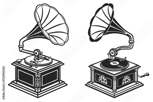 Vintage gramophone phonograph antique music player vector illustration for retro design and decoration silhouette