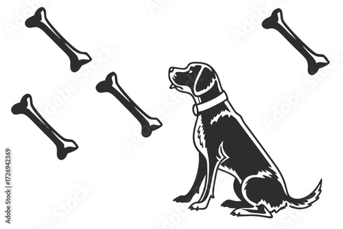 Dog labrador retriever with bones vector illustration pet animal canine breed domestic mammal pedigree friend silhouette