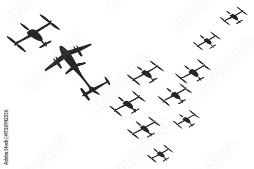 Aerial drone formation flying in v shape unmanned aircraft system uas technology and surveillance operation silhouette