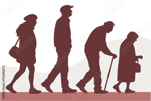 Aging process stages of life from youth to old age showing silhouette of people growing older over time span