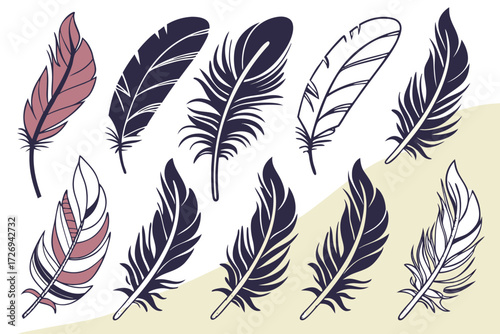 Download feather vector illustration set free, bird feather clip art, boho feather design elements, ink drawing silhouette