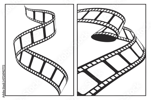 Film strip vector illustration for movie production and cinema industry graphic design element in black and white silhouette