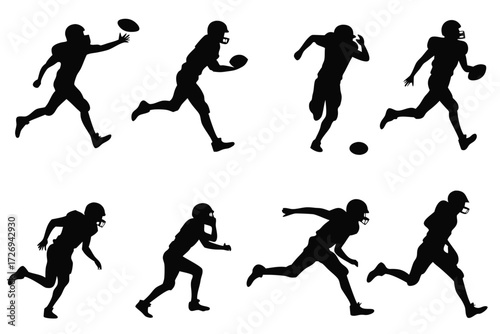 American football players silhouettes in action throwing running and catching ball vector illustration art