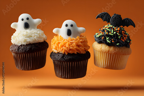 Halloween cupcake/muffins with ghosts and bats decoration, floating on mid air. vibrant orange background. Halloween dessert treat for holiday party celebration.	