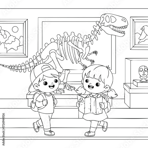 Two children exploring a museum with excitement while observing a dinosaur skeleton and art pieces.