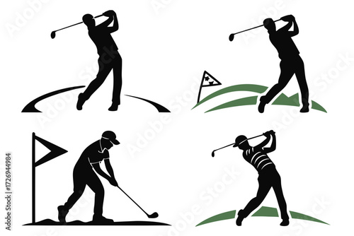 Four silhouettes of golfers in various poses with golf clubs and flags on a white background design set