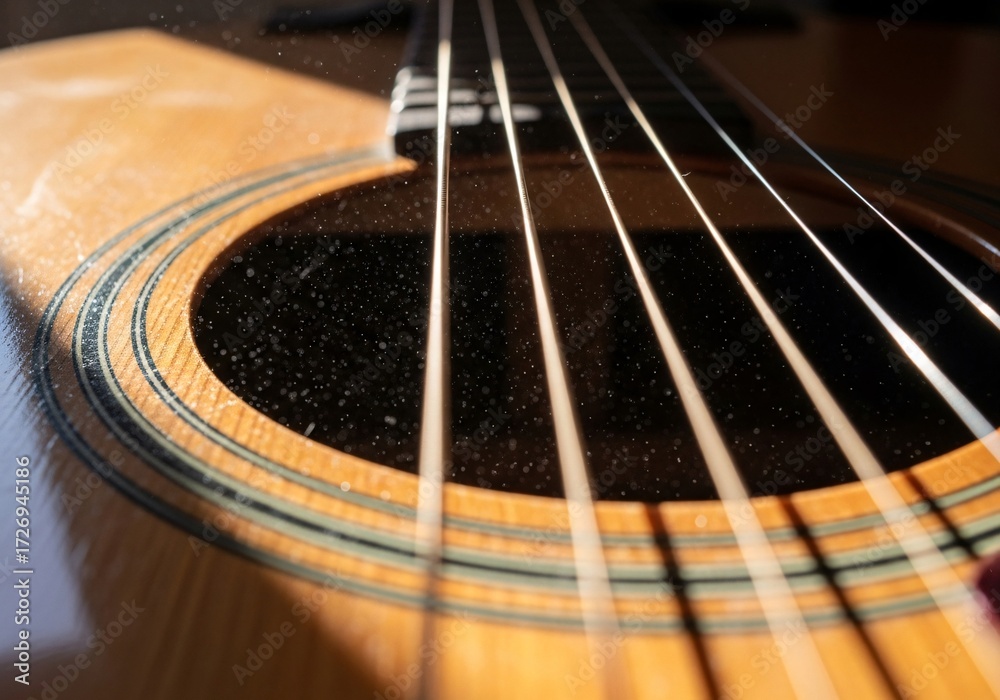 Fototapeta premium Low angle view of acoustic guitar soundhole with dust inside illuminated sunlight