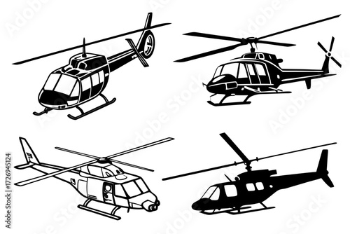Illustration of four different helicopters with varying designs and rotor configurations in black and white silhouette