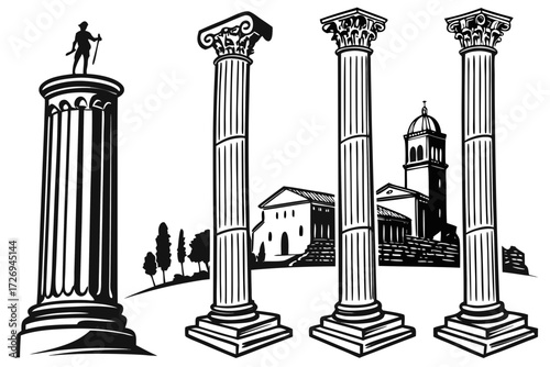 Illustration of four classical columns with a statue and buildings in the background in black and white style silhouette