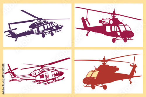 Four helicopter silhouettes in varying shades of red and purple against a pale yellow background display