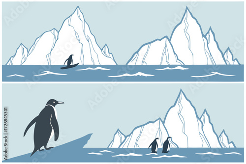 Illustration showing penguins in antarctica with icebergs and one penguin surfing on a surfboard in the water silhouette