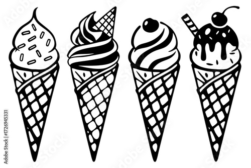 Four ice cream cones with different toppings and designs in black and white line art illustration style silhouette