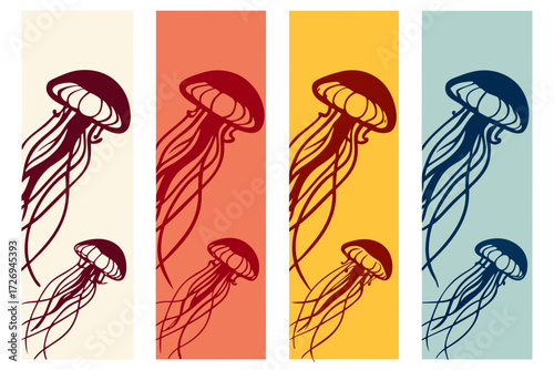 Illustration featuring jellyfish in varying colors against vertical banner backgrounds, marine life theme silhouette