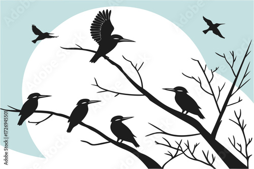 Silhouette birds perched on branches against a white moon and light blue sky creating a serene scene