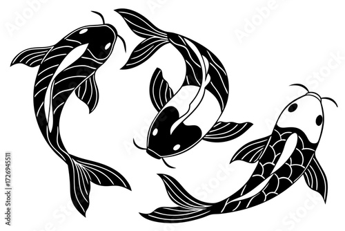 Three koi fish in a circular arrangement with detailed fins and black and white color scheme design style silhouette