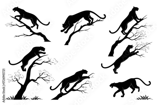 Silhouetted panthers climbing and leaping among stylized trees in a monochrome artistic composition