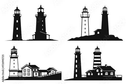 Silhouette illustrations showcasing various lighthouse designs with accompanying buildings and coastal landscapes