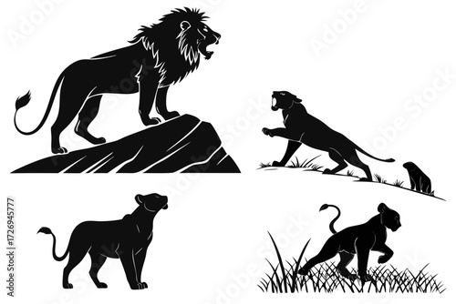 Silhouette illustration of a lion on a rock and three panthers in various poses and settings