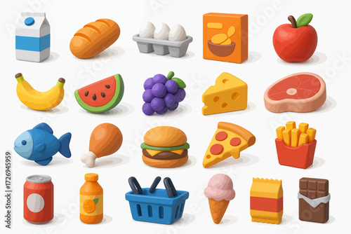 Food Icons 3D Render Collection Milk Bread Fruit Meat Fast Food and More