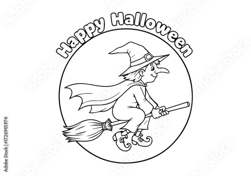 Happy Halloween witch flying on a broomstick coloring book page for kids, a fun and spooky holiday activity sheet vector illustration outline