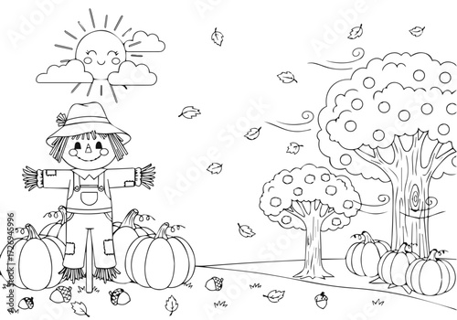 Cute autumn scarecrow and pumpkin patch coloring book page for kids, a printable fall harvest festival vector illustration