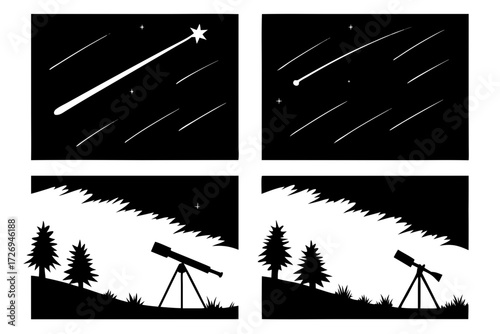 Four panels showing night scenes with shooting stars and a landscape with trees and a telescope silhouette