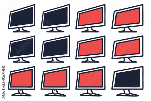 Displaying a grid of computer monitors with varying screen colors in a repetitive arrangement style silhouette