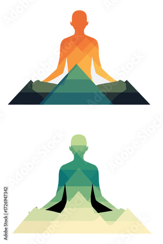 Abstract sci‑fi vector of dual meditative avatars in geometric fusion, symbolizing cosmic balance, digital transcendence, and posthuman consciousness