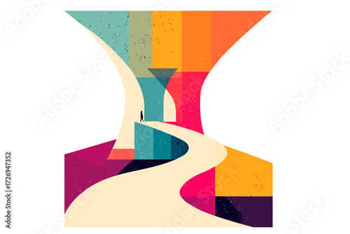 Abstract sci‑fi vector of cosmic pathway through geometric dimensions, symbolizing temporal passage, digital cosmos, and metaphysical journey