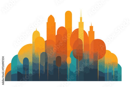 Abstract vector city skyline in geometric layers, symbolizing urbanization, smart cities, and futuristic architecture