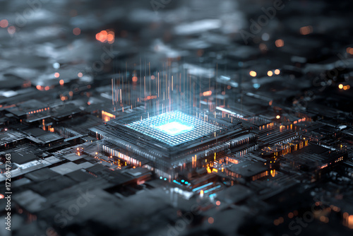 Abstract CPU Processor: A glowing CPU processor symbolizes the intricate world of technology and data processing. A cutting-edge technology illustration of a processor that embodies computing