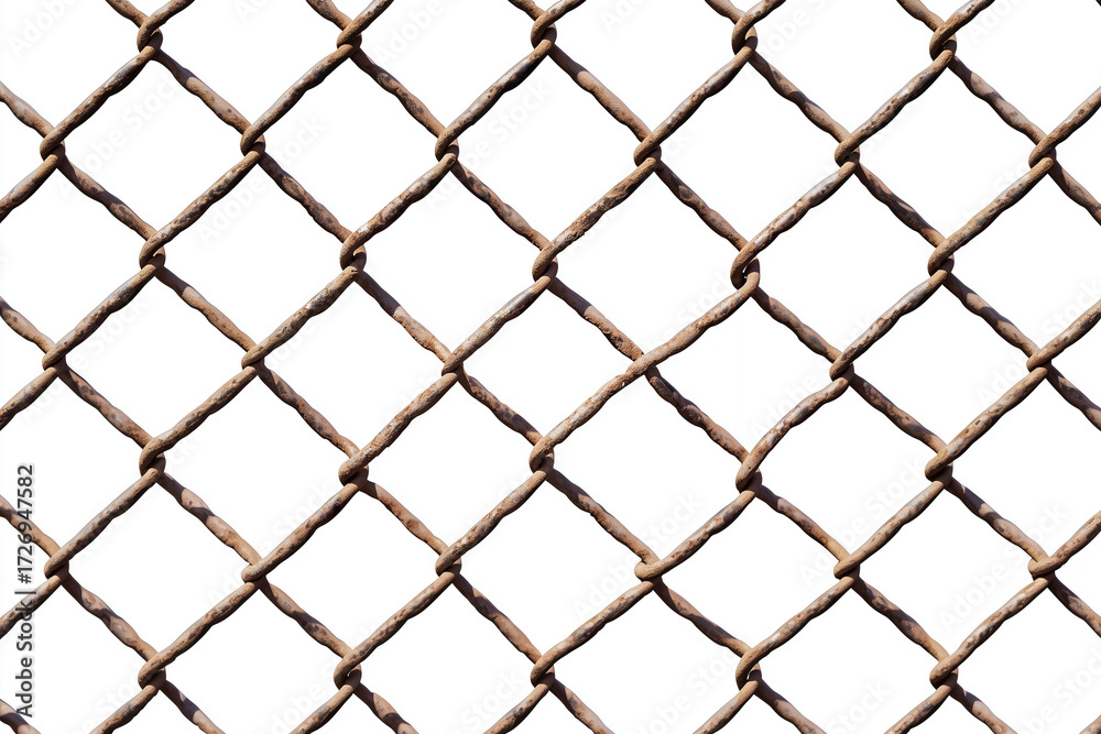 Fototapeta premium A rusty chain-link fence with a diamond pattern. This detailed view showcases the texture and aged appearance of the metal fence, offering a sense of security