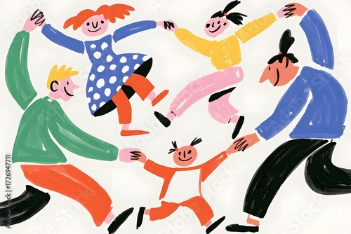 Group of people dancing and holding hands in a circle with a happy and joyful vibe