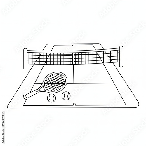 Tennis court with racket and balls line art
