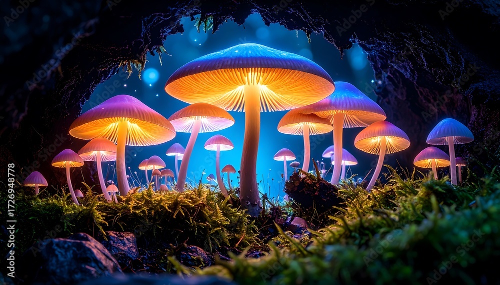 Fototapeta premium Glowing Mushrooms Illuminated in a Magical Forest Setting