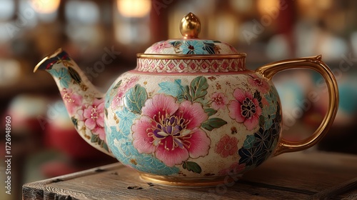 Vintage Porcelain Teapot with Floral Design Resting on Wooden Surface