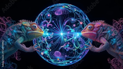 Neon Chameleon Duality - 4K Psychedelic Cosmic Bond for Trippy Visuals & Wall Art  