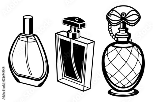 Three perfume bottles in black and white showcasing different shapes and decorative elements in a row design silhouette
