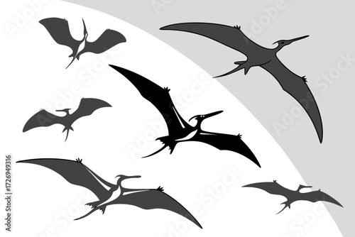 A group of pterodactyls in flight with varying shades of gray against a light gray and white background silhouette