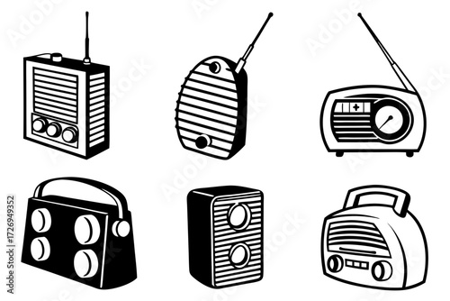 Illustration of various old fashioned radios with antennas and knobs in black and white retro style art silhouette