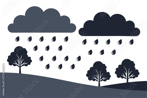 Illustration of two rain clouds with raindrops falling on trees and landscape in monochrome colors silhouette