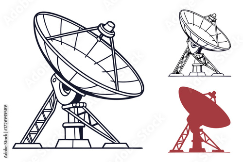 Illustration showing three satellite dishes in varying styles and colors on a white background design layout silhouette