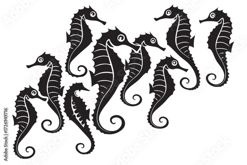 A group of stylized seahorses in black and white arranged in a cluster formation on a white background silhouette