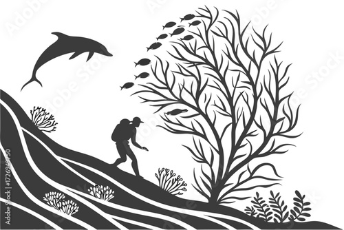 Silhouette of a hiker with backpack near a tree with fish and a dolphin on a striped hill landscape